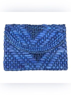 Limited Edition Fold over blue raffia basket weave envelope style clutch purse